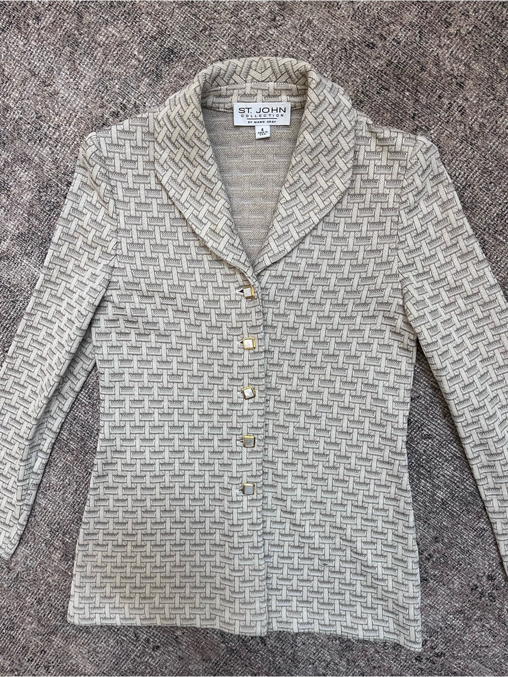 St. John Collection Marie Gray Knit Cardigan Jacket 4 Gold Button Herringbone
